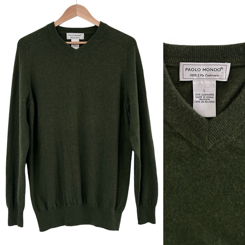 Paolo Mondo Men's Size Large Green 100% 2 Ply Cashmere Long Sleeve Sweater